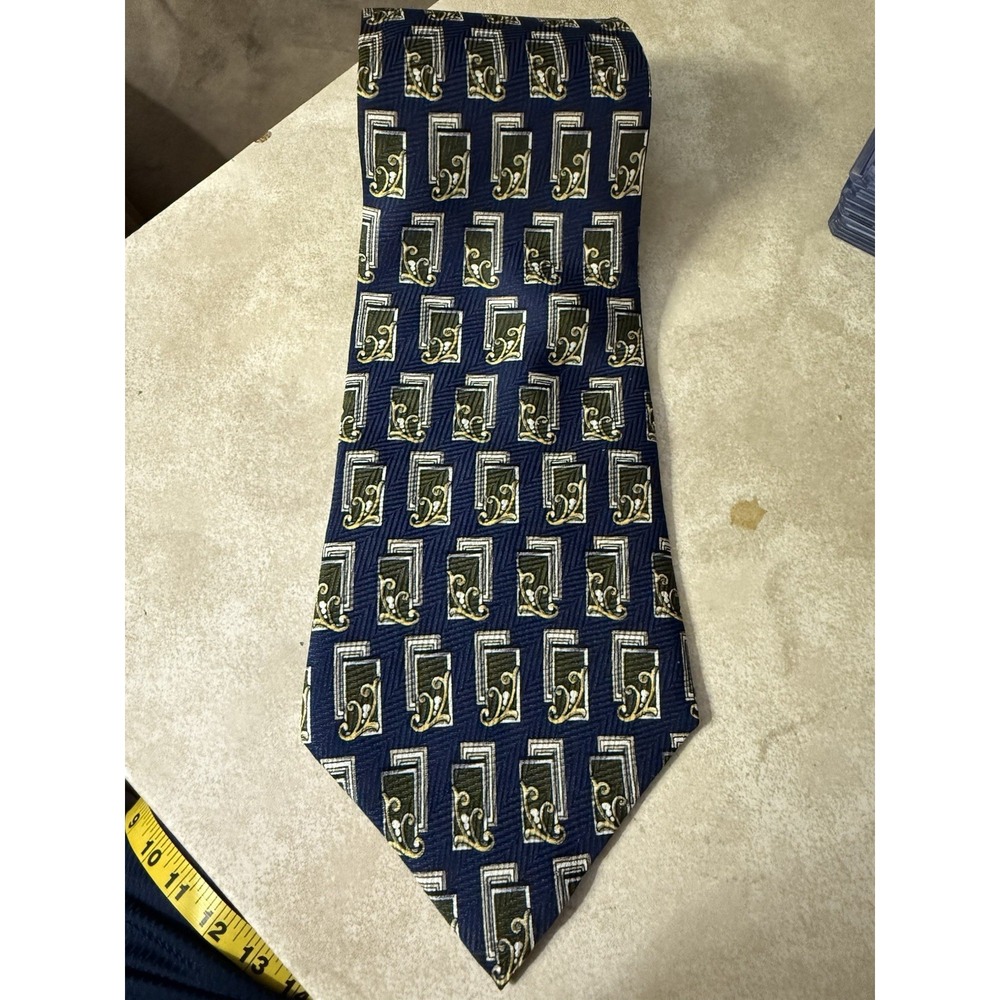 Countess Mara Tie‎ Silk Made USA 90s Geometric Scroll Navy Gold Wide 4" x 58"